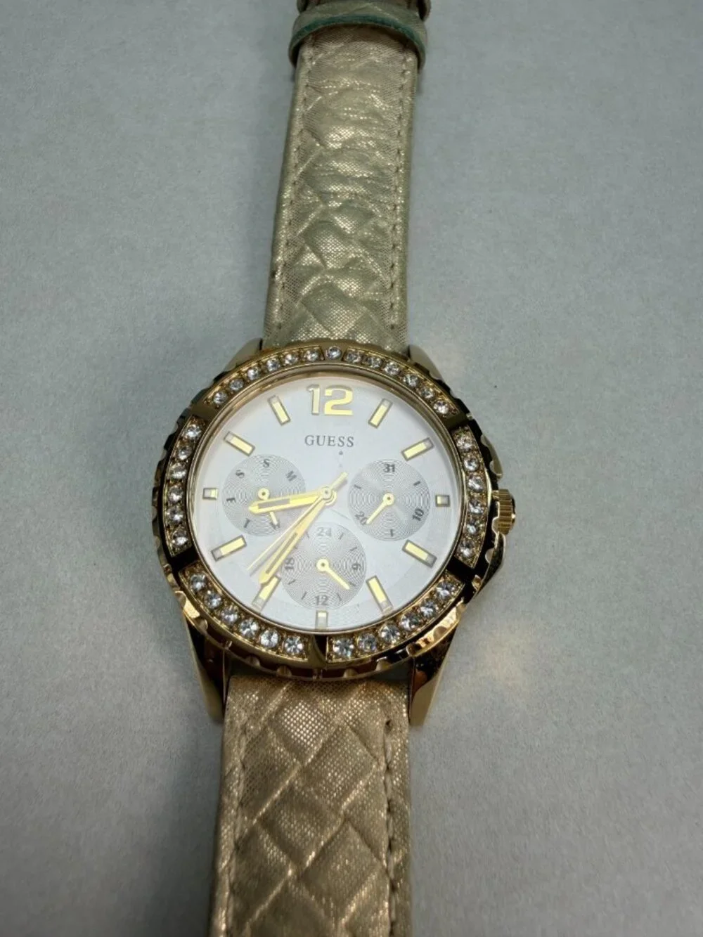 Guess Crystal Bezel Gold Tone Watch Quilted Strap Multifunction
